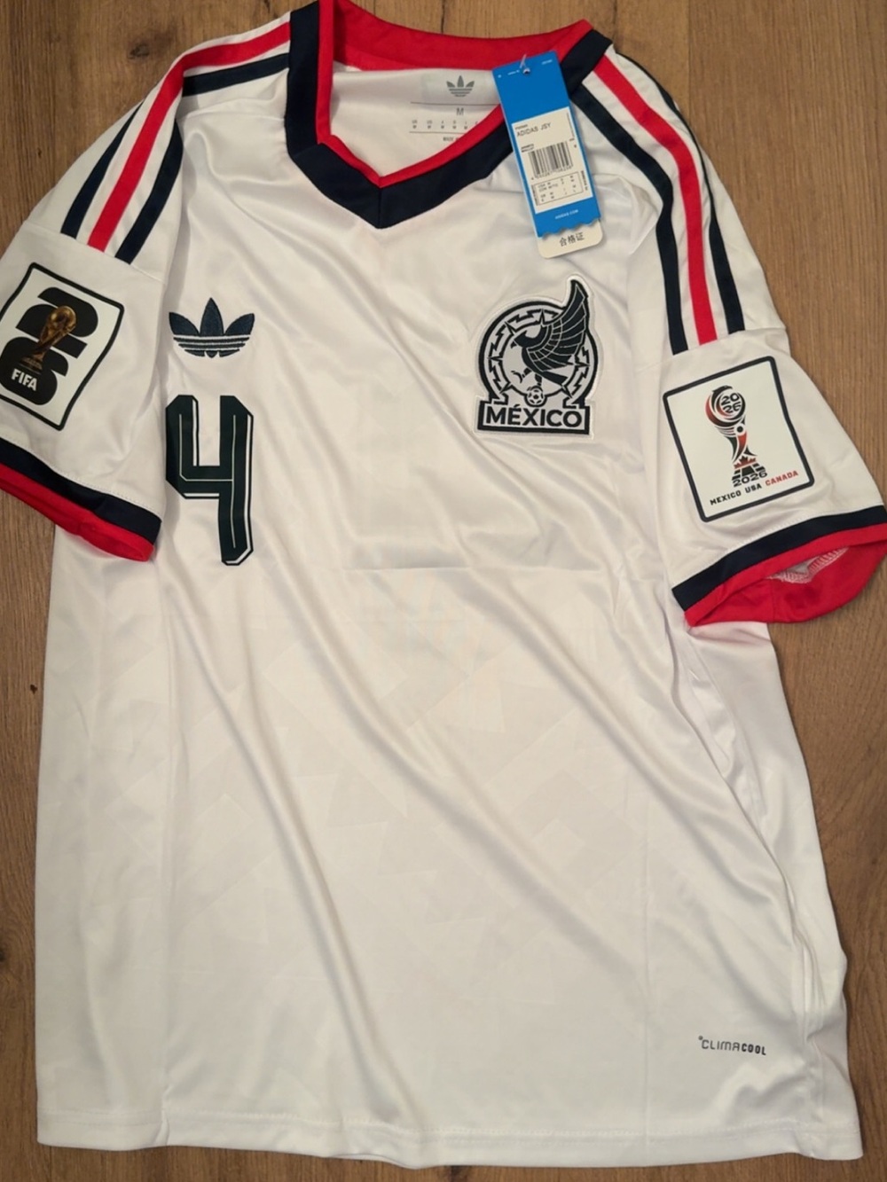adidas White Mexico Soccer Jersey with Red & Navy Trim, Number 4
